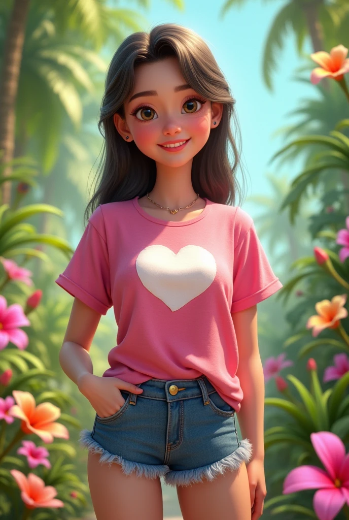 Talking Angela in a lush tropical garden, wearing a pink shirt with a white heart in the center, with denim shorts the harmonious beauty between your breasts and the natural flowers, showing off your natural charm and outgoing personality.