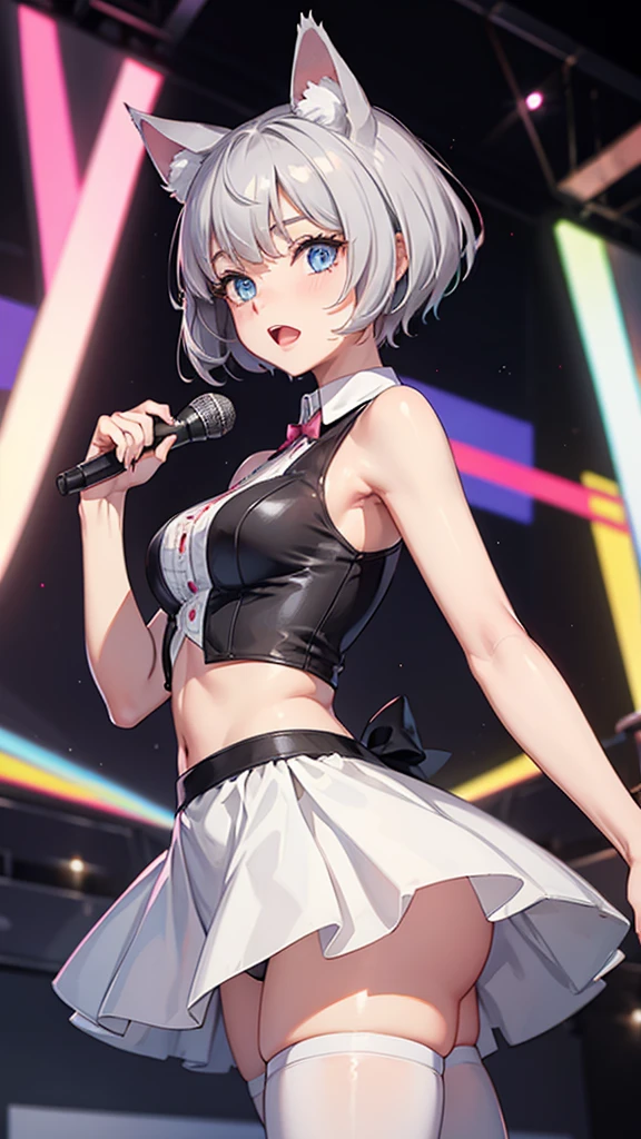 (masterpiece), (best quality), (High quality), (perfect anatomy), (perfect hands),BREAK, expressive eyes, perfect face, 1girl, (grey cat ears: 1.5), BREAK, (medium hair, grey hair: 1.6, pixie cut), BREAK, (big eyes, perfect eyes, blue eyes, thick eyelashes), BREAK, (thin eyebrow), BREAK, (short height), slim bulid, BREAK, happy, singing, open mouth, blush, BREAK, (medium breasts), BREAK, (pink shirt: 1.4, idol shirt: 1.2, cropped, sleeveless), BREAK, (low-rise pink idol skirt: 1.3), (white stockings: 1.2), BREAK, (expressive dancing), (upper body), BREAK, (view from front: 1.5), BREAK, (standing on the stage), BREAK, ( face_focus), looking at the camera,