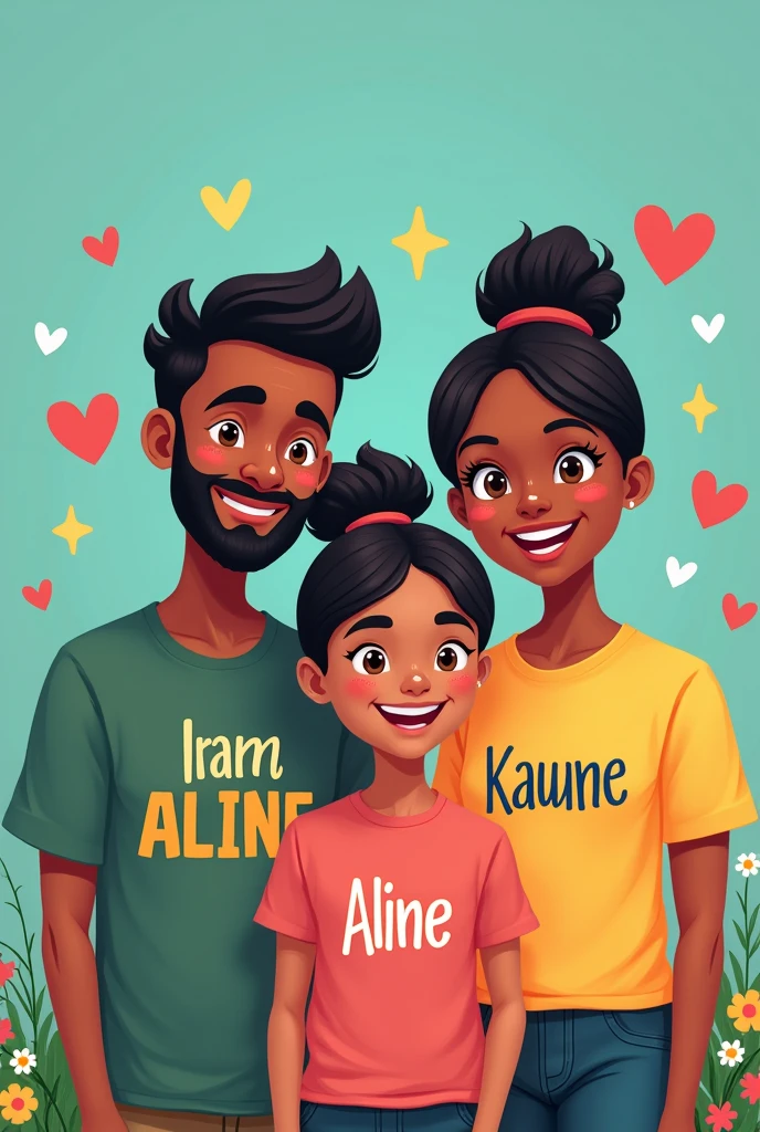 Imagine a cheerful and vibrant wallpaper with a colorful background, perhaps in shades of light blue and green. At the center, a funny illustration of a family of four: father Iram, mother Aline, age daughter Kauane and son Kaique, everyone smiling and having fun together.
Each family member is dressed in custom t-shirts. Iram wears a blue t-shirt with his name in big, friendly letters. Aline has a pink t-shirt with her name in a delicate font. Kaique wears an orange t-shirt with his name in fun letters, while Kauane wears a purple t-shirt with her name stylized.
Around the family, little details like hearts, stars and flowers add a playful touch to the design, making the wallpaper perfect to represent family unity and love!