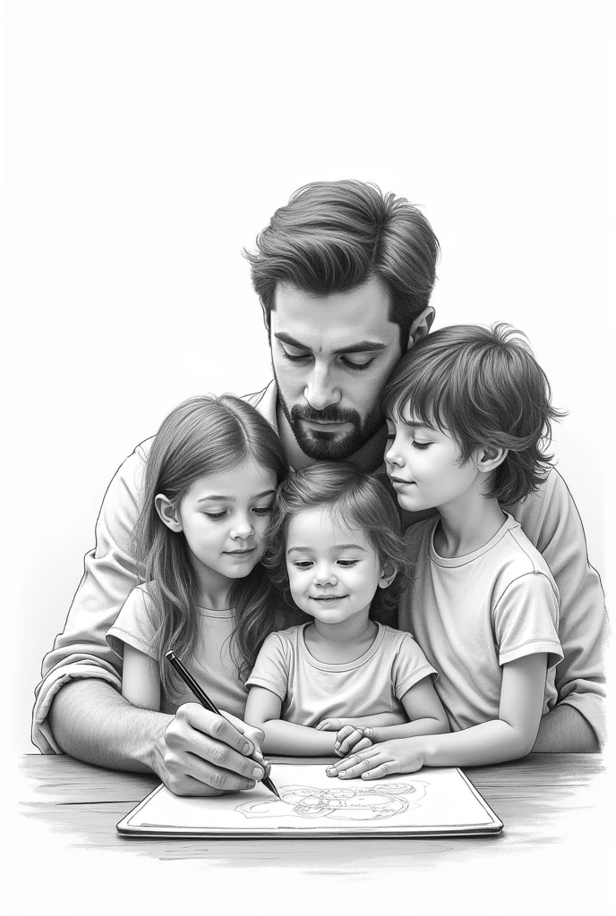 Man drawing his family. black andwhite 
