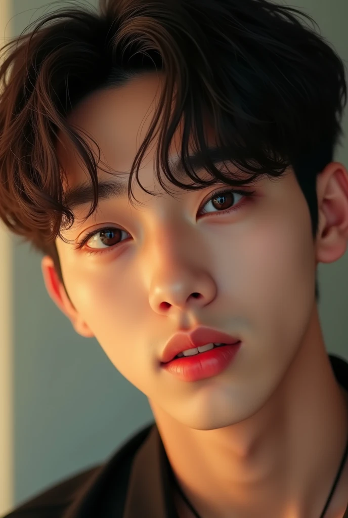 a young handsome man, beautiful detailed eyes, beautiful detailed lips, extremely detailed eyes and face, long eyelashes, detailed portrait, realistic, photorealistic, photo-realistic:1.37, 8k, masterpiece:1.2, ultra-detailed, sharp focus, vivid colors, studio lighting, professional, Jungkook, K-pop idol, singer, musician, handsome, attractive, charming, charismatic, youthful, radiant skin, glowing skin, warm lighting, dynamic pose, confident expression