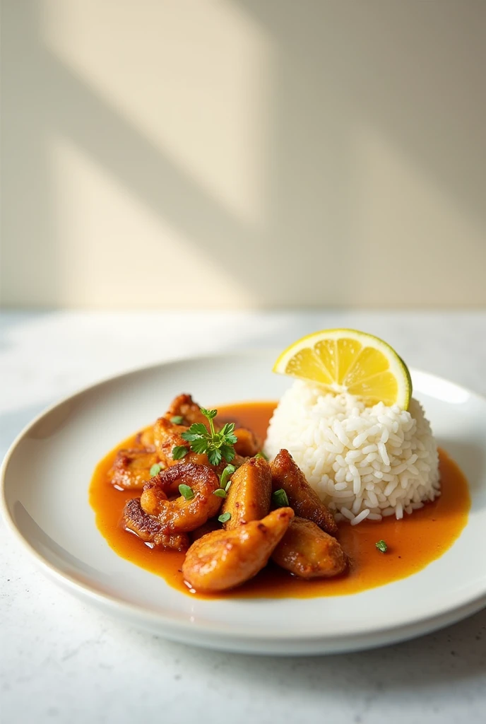 A plate where you have an attack with a portion of rice and a slice of lemon