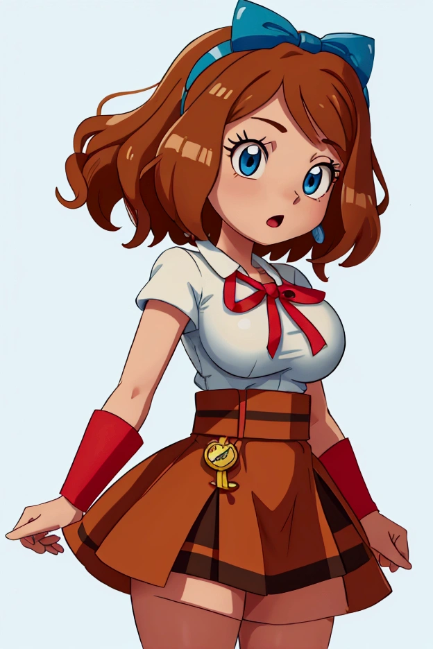 Masterpiece, Best quality, 1 girl, serena\(Pokémon\), 1 girl, breasts, solo, bit_gag, gag, blue_eyes, huge_breasts, sleeves_beyond_the_wrists, tail, multicolored_hair, cosplay, short_hair, brown_hair, animal_costume, looking_at_viewer, brown_hair, hair_band, ribbon, cowboy_shot,