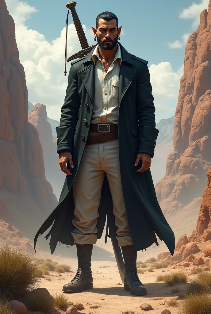He is a tall indigenous man, 2 meters tall, with short dark hair and a beardless face. His eyes are wolf-like and one of them is closed with pointed ears with earrings. He wears a dark black overcoat with a white shirt underneath in a formal style with simple formal pants and has a strong physique. A large sword is strapped to his back. I would like the art in a fantasy RPG style. In the Old West