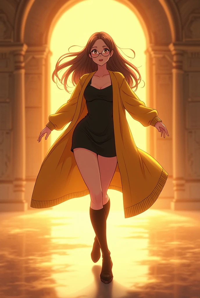 Boku No Hero Style, Female, extra straight long hair with long open bangs dyed in a light, dark brown almost black color, brown eyes, piercing gaze, with glasses, slim waist, full cheeks, a little chubby, wide hips, wearing a tight dress and a yellow sweater with long boots up to the knees, dancing in an empty hall with a golden aura