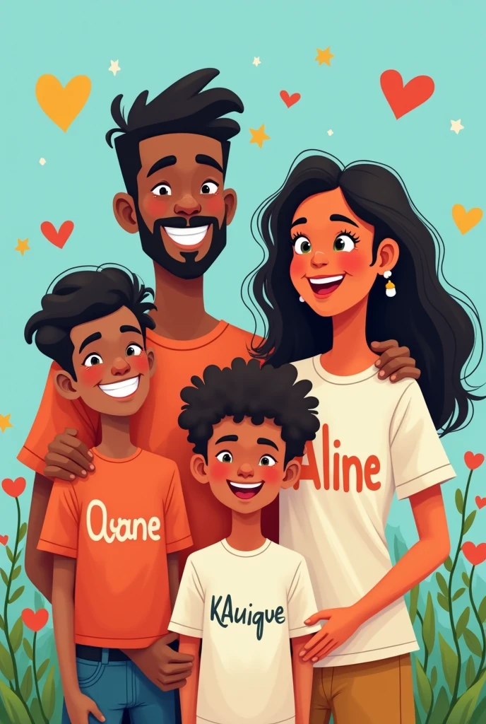 Imagine a cheerful and vibrant wallpaper with a colorful background, perhaps in shades of light blue and green. At the center, a funny illustration of a family of four: father Iram, mother Aline, teenage daughter Kauane and son Kaique, everyone smiling and having fun together.

Each family member is dressed in custom t-shirts. Iram wears a blue t-shirt with his name in big, friendly letters. Aline has a pink t-shirt with her name in a delicate font. Kaique wears an orange t-shirt with his name in fun letters, while Kauane wears a purple t-shirt with her name stylized.

Around the family, little details like hearts, stars and flowers add a playful touch to the design, making the wallpaper perfect to represent family unity and love!