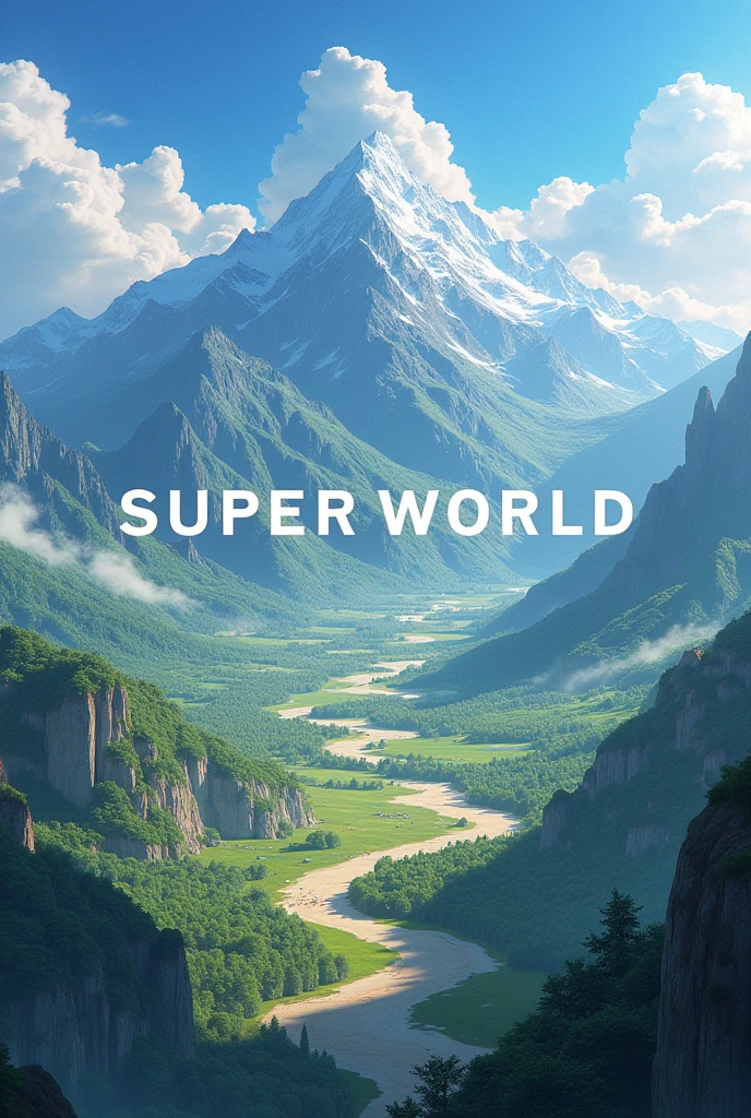 Create the home screen for an open world RPG game, called SUPER WORLD with the game name in the middle, This game is online