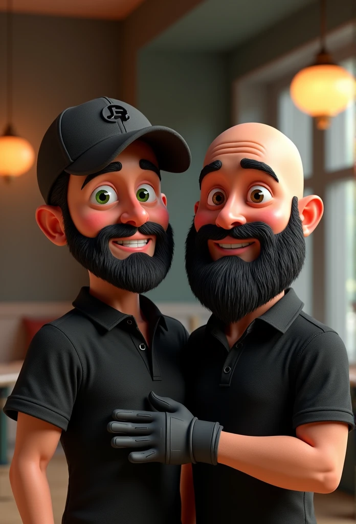 Short beard two Cartoon characters, one of the green eyes character, medium beard, black polo shirt, Black cap, black gloves, outro personagem careca de Black cap, black polo shirt, black beard, black gloves, big beard and brown eyes cartoon character, stylized character, animation style rendering, 3d stylized, Arnold Maya rendering, Stylized 3D rendering, toon render screenshot, 3d character, 3d character, Stylized 3D rendering, 3D character rendering, cartoon character, Personagem de close up, character posing, (Pixar-style) (master part:1.2) (bokeh) (best quality) (skin detailed) (detailed texture) (8k) (Argilla) (cinematic lighting) (sharp focus with 28 years of ideade
