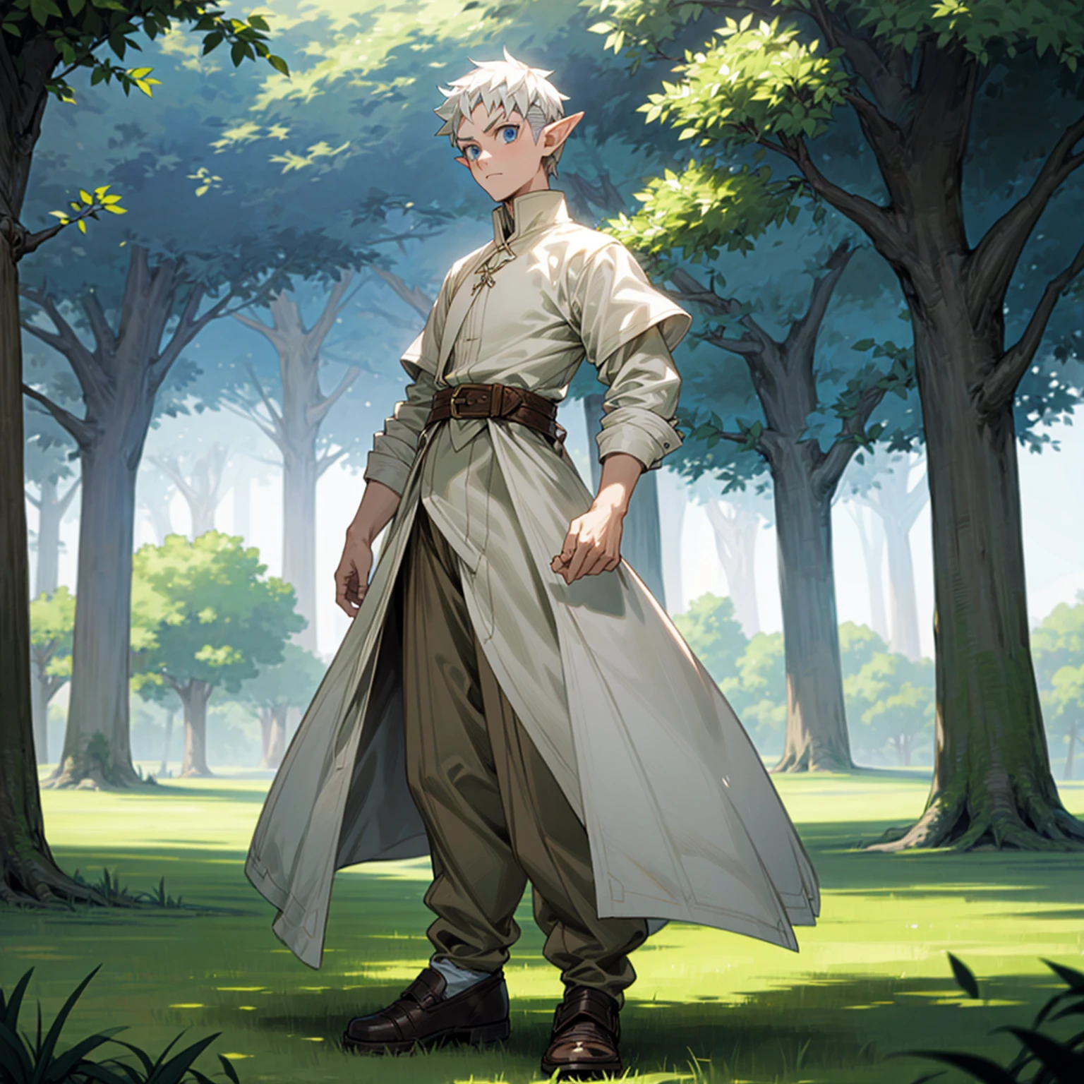 Solo character, full body version, young man, chin beard, (elf), blue eyes, white color hair, undercut hair, white formal clothing, brown pants, shoes, outdoor, town, medieval, standing gesture, detailed background, detailed clothing, detailed hair, (Hunter x Hunter style art)