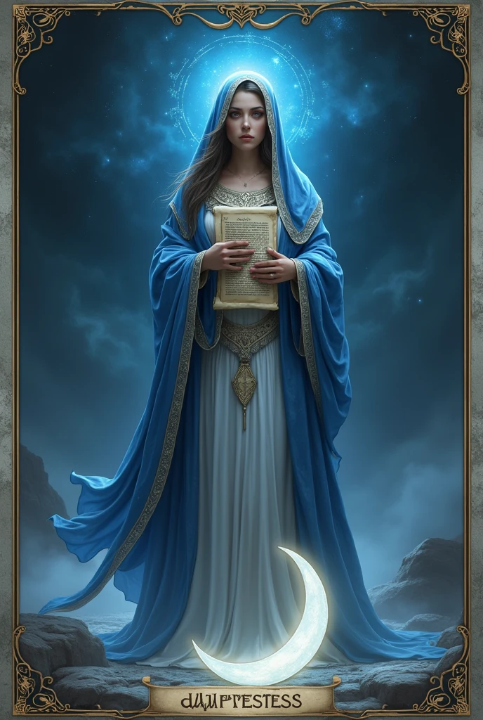 Rider Waite The High Priestess tarot card in real life
With The moon at her feet
With The TORA in her hands