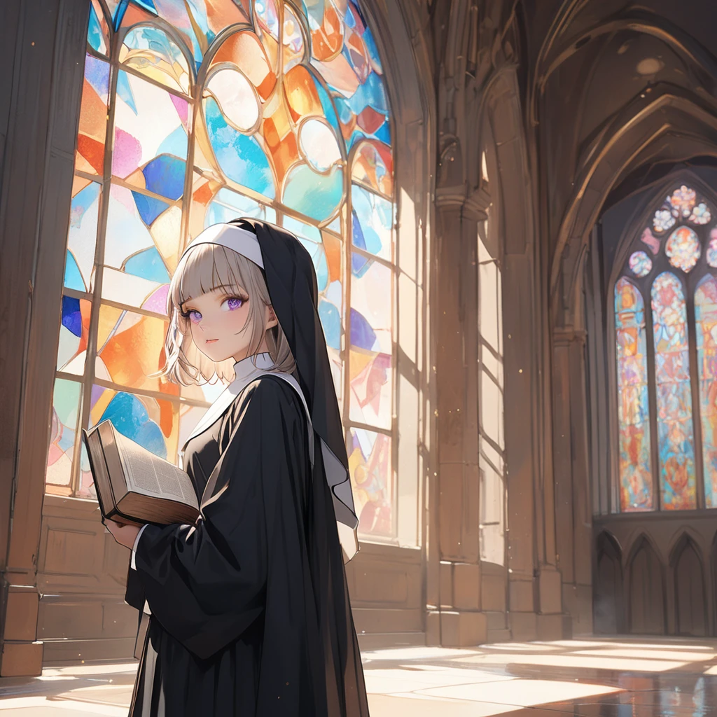 ((Masterpiece)), ((best quality)), (sketch), from side, ((wide shot)), (super detail:1.2), (High Definition:1.3), ((extremely detailed)), (8K), (Professional Photography:1.2), (very aesthetic:1.2), (absurdres:1.2), perfect anatomy, intricate details, (sharp focus), (perfect light), (drop shadow), ((1girl)), (()), looking at viewer, cute teenage girl, (platinum-gold hair), (loose blunt bangs), (medium hair), slightly unruly hair, (put on cat ears), Healthy skin, small breast, (Healthy slim body), (:3), (smug), (cute cheeks), glossy lips, pouty lips, bags under the eyes, (lower eyelashes), tilt head to the side, BREAK, ((wearing nun's habit)), cute wimple, (pale purple eyes), (glitter eyes), Bible in hand, Beautiful stained glass, (detailed background:1.2), newest, clear line, (stained-glass window background),