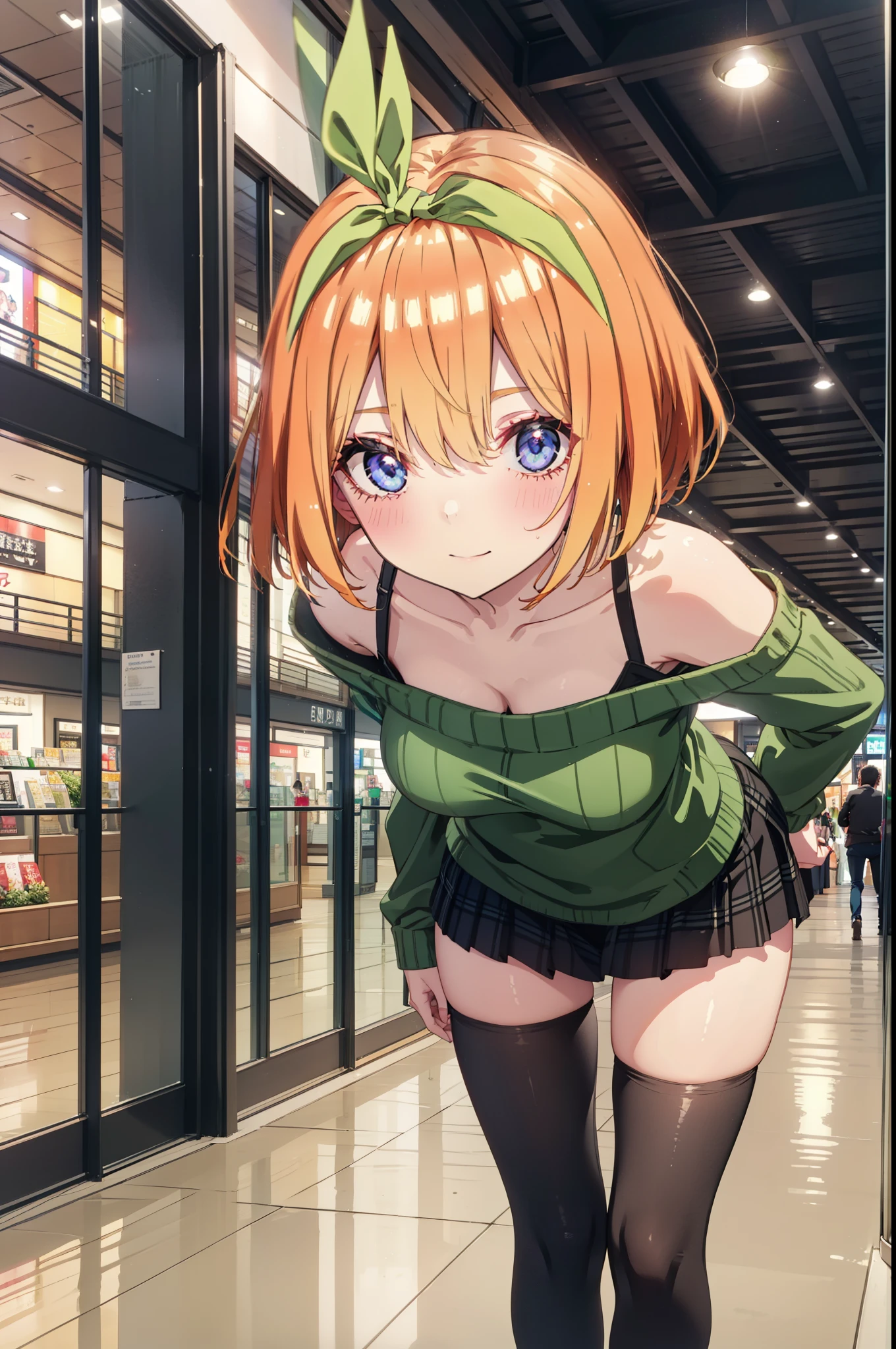 Yotsubanakano, Fourth floor Nakano, bangs, short hair, blue eyes, Hair between the eyes, hair ribbon, hair band, Orange Hair, (Green ribbon:1.5), smile, Close your mouth,blush,Glasses,
Green one-shoulder sweater,mini skirt,Black pantyhose,short boots,Walking,morning,morning陽,The sun is rising,On the way to school,whole bodyがイラストに入るように, break looking at viewer, whole body, break indoors,Shopping mall, break (masterpiece:1.2), Highest quality, High resolution, unity 8k wallpaper, (shape:0.8), (Beautiful attention to detail:1.6), Highly detailed face, Perfect lighting, Highly detailed CG, (Perfect hands, Perfect ???????),