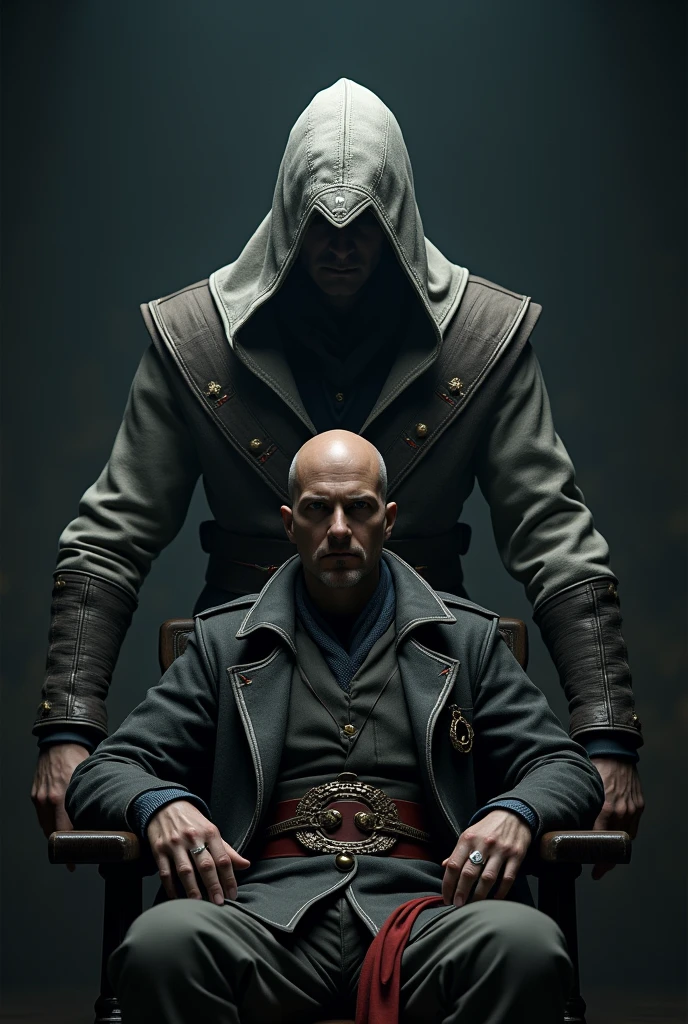 homme chauve asis avec un assassin's creed debout derriere lui avec sa lame secrete