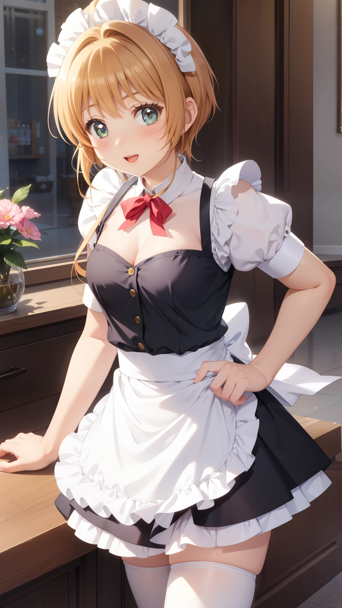 masterpiece, best quality, highres, 1girl, detailed face, blush, anime CG style, (medium breasts), (18 year old girl:d up), good lighting, perfect body, sakura kinomoto, glossy lips, cleavage, (curvy), cafe, maid, short puffy sleeves, small maid apron, thigh highs
