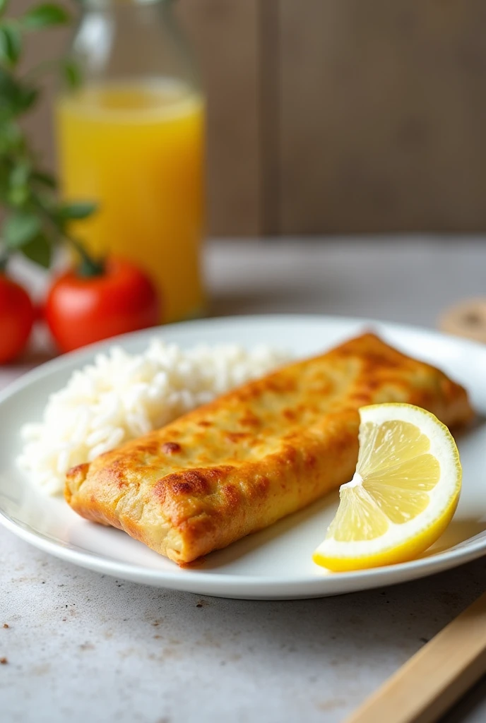 A plate with an ayaca with a portion of rice and a slice of lemon 
