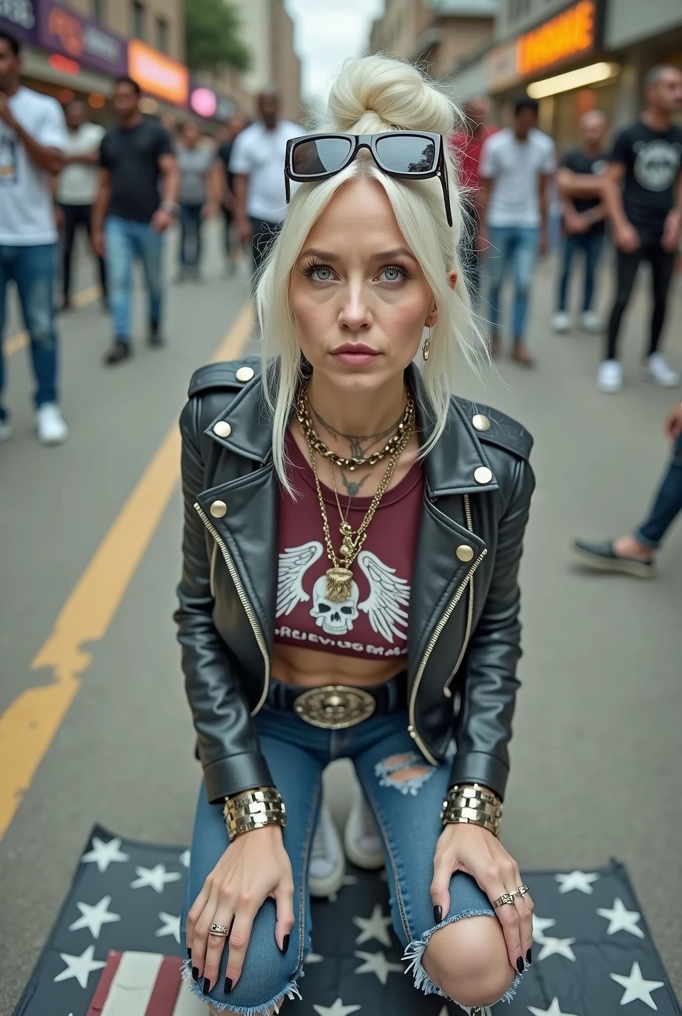 russian old milf woman, , blonde platinum hair (beehive bun) and oversized square sunglasses as headband), with very light green eyes, extremely pale. Wearing studded, padded shoulders, cropped black moto jacket (zippers on the side. dark burgundy push up t-shirt with skull and wings logo and gothic lettering,, dark skinny low rise blue jeans with holes on knees .White tennis sneakers. Lots of thick wide studded bracelets, chain collars and big rings. Tacky wide studded leather belt, with big skull and bones round buckle. Long earrings with chains. Kneeling on a large ragged usa flag, looking at the photographer. Craving, sensual face. Hands on knees. Looking at the camera, Toned abdominals, thin neck, slim legs and thin arms. Neck, chest, belly, hands and arms completely tattoed. Street of Nairobi, crowded with standing people