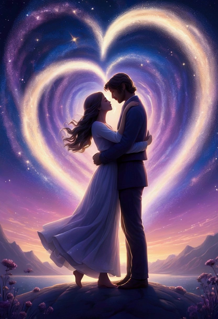 Create a dreamy and emotional 3D illustration that reflects a profound and eternal love transcending time and space. The scene centers around two figures, glowing softly, as they dance together in the vastness of a starry night sky, representing a love that exists 'beyond the universe.' The couple is surrounded by swirling galaxies and ethereal lights, with soft colors like deep blues, purples, and silvery whites dominating the scene. The background shows a distant sunset fading into the horizon, symbolizing the bittersweet separation yet an everlasting connection. In the foreground, a small detail captures a nostalgic moment—perhaps the faint outline of a heart or a subtle trace of a kiss on the wind. The overall mood is both melancholic and hopeful, conveying the idea of an 'infinite ending' where love endures in another dimension. The typography, if included, should be elegant and subtly integrated, reflecting the gentle, emotional tone of the illustration.