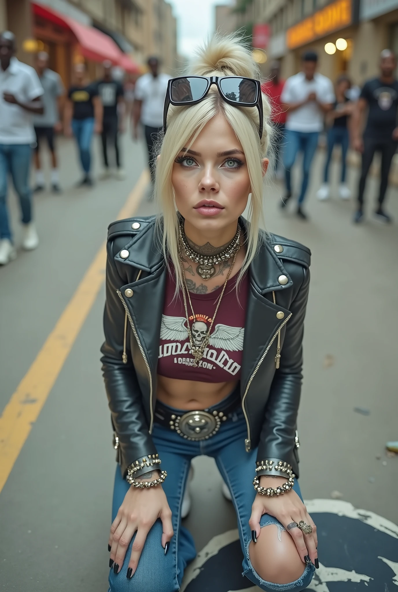 russian old milf woman, , blonde platinum hair (beehive bun) and oversized square sunglasses as headband), with very light green eyes, extremely pale. Wearing studded, padded shoulders,  cropped black moto jacket (zippers on the side. dark burgundy push up t-shirt with skull and wings logo and gothic lettering,, dark skinny low rise blue jeans with holes on knees .White tennis sneakers. Lots of thick wide studded  bracelets, chain collars and big rings. Tacky wide studded leather belt, with big skull and bones round buckle. Long earrings with chains. Kneeling on a large ragged usa flag, looking at the photographer. Craving, sensual face. Hands on knees. Looking at the camera, Toned abdominals, thin neck, slim legs and thin arms. Neck, chest, belly, hands and arms completely tattoed. Street of Nairobi, crowded with standing people