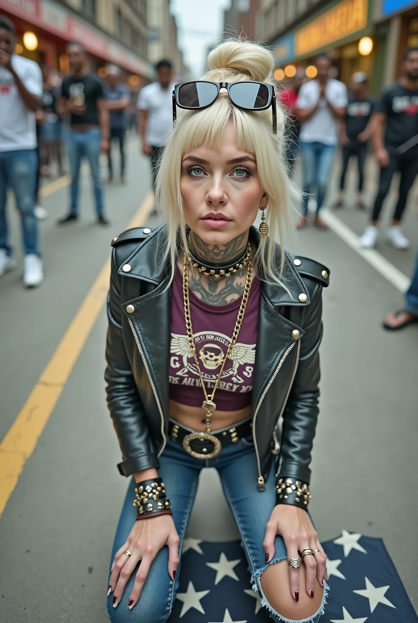 russian old milf woman, , blonde platinum hair (beehive bun) and oversized square sunglasses as headband), with very light green eyes, extremely pale. Wearing studded, padded shoulders, cropped black moto jacket (zippers on the side. dark burgundy push up t-shirt with skull and wings logo and gothic lettering,, dark skinny low rise blue jeans with holes on knees .White tennis sneakers. Lots of thick wide studded bracelets, chain collars and big rings. Tacky wide studded leather belt, with big skull and bones round buckle. Long earrings with chains. Kneeling on a large ragged usa flag, looking at the photographer. Craving, sensual face. Hands on knees. Looking at the camera, Toned abdominals, thin neck, slim legs and thin arms. Neck, chest, belly, hands and arms completely tattoed. Street of Nairobi, crowded with standing people