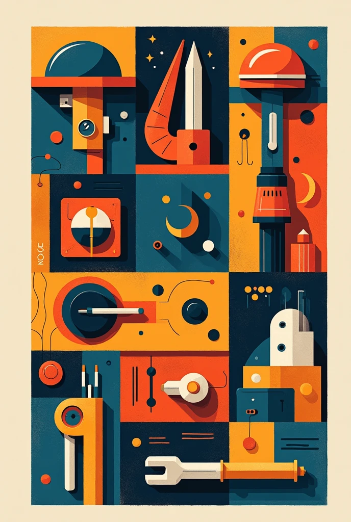 Create a drawing in the style of Joaquin Torres Garcia in vertical, but instead of having the symbols of that painter, Draw symbols ONLY of electrical tools and components. Make ALL squares and geometric shapes and inside some of these draw the tools. All with primary colors. Don't do it in 3D, make it cartoon style just the outline