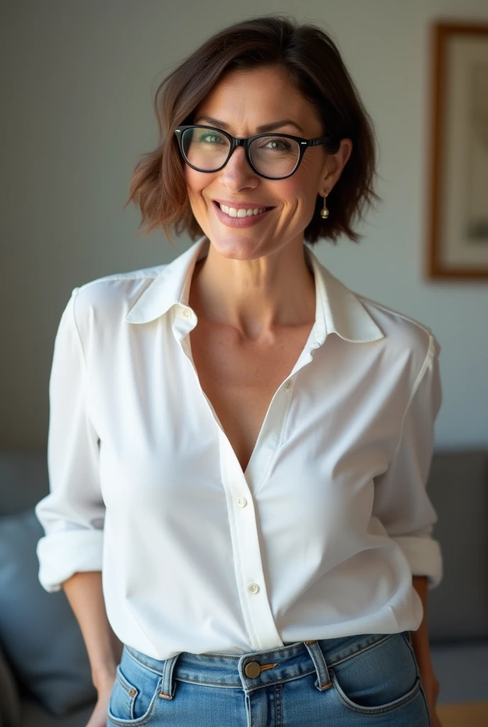 ((beautiful face)), 50 years old busty woman wearing jeans with big hips and big breasts with white sbottonato dress shirt and nice cleavage close up and short brunette hair and glasses