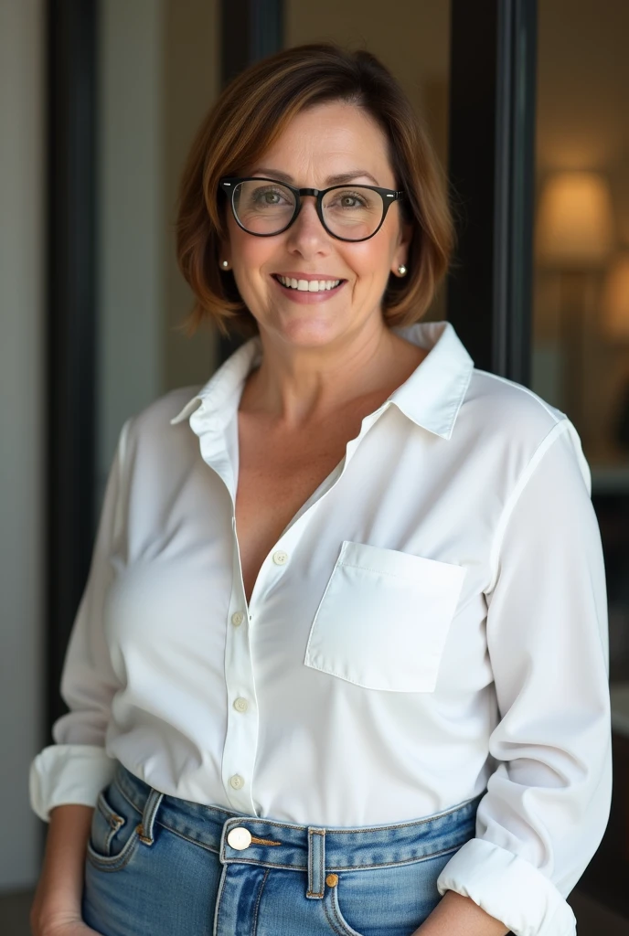 ((beautiful face)), 50 years old busty woman wearing jeans with big hips and big breasts with white sbottonato dress shirt and nice cleavage close up and short brunette hair and glasses