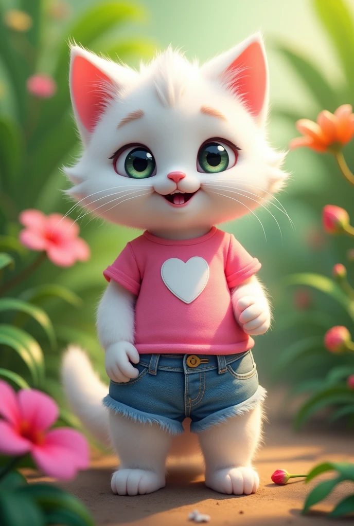 White kitten Talking Angela in a lush tropical garden, wearing a pink shirt with a white heart in the center, with denim shorts the harmonious beauty between your breasts and the natural flowers, showing off your natural charm and outgoing personality.