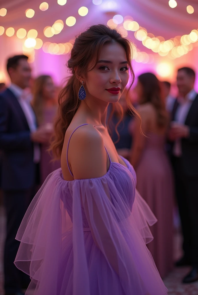 30 year old woman at wedding party. Wear a lilac tulle dress. Dark blue ceramic earrings. Light makeup with burgundy lipstick
