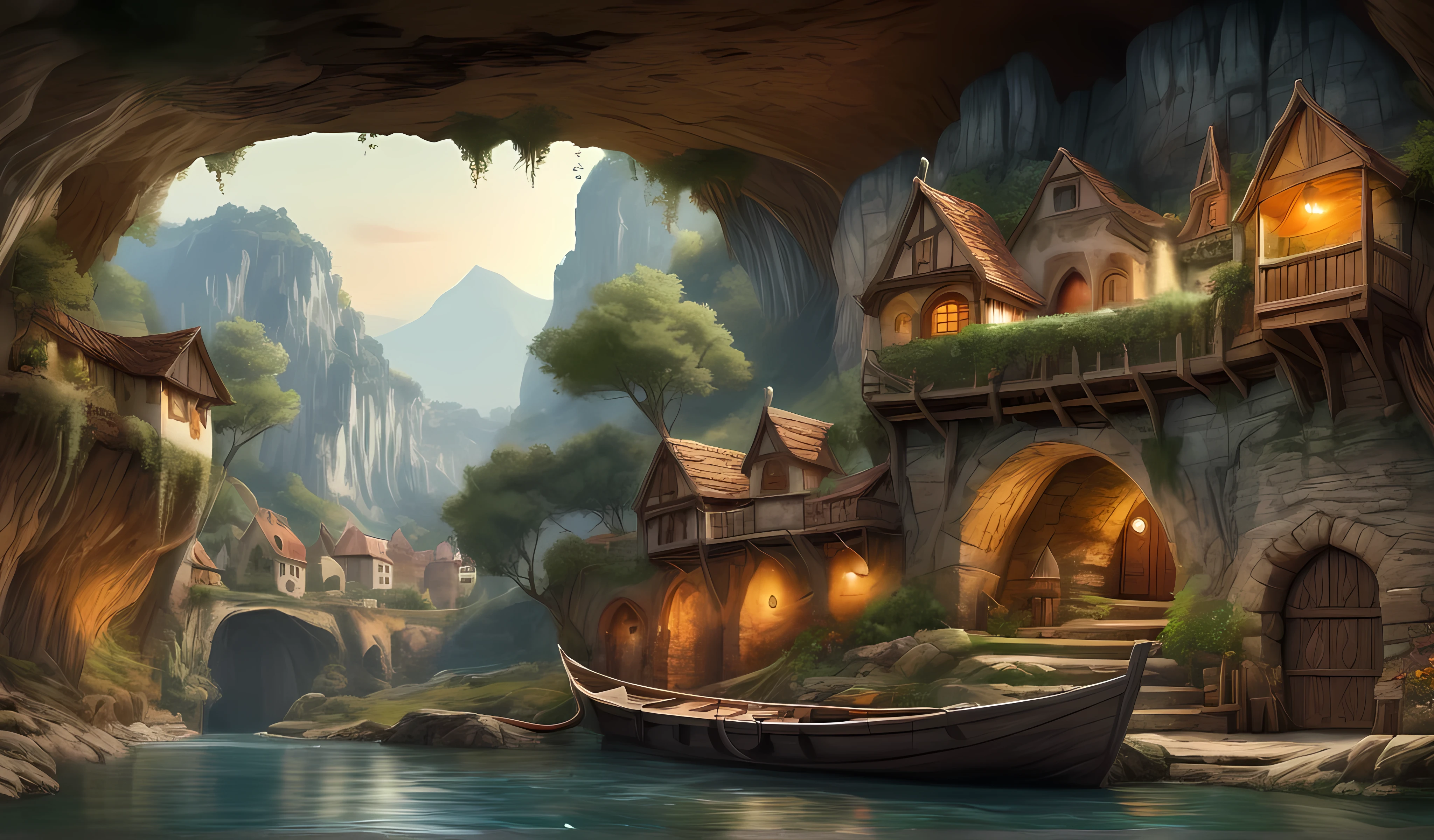 panoramic view painting of a river with a boat and a cave in the background, beautiful cave scene, medieval town, village town setting, beautiful render medieval village, highly detailed fantasy art, 8k fantasy art, detailed fantasy digital art