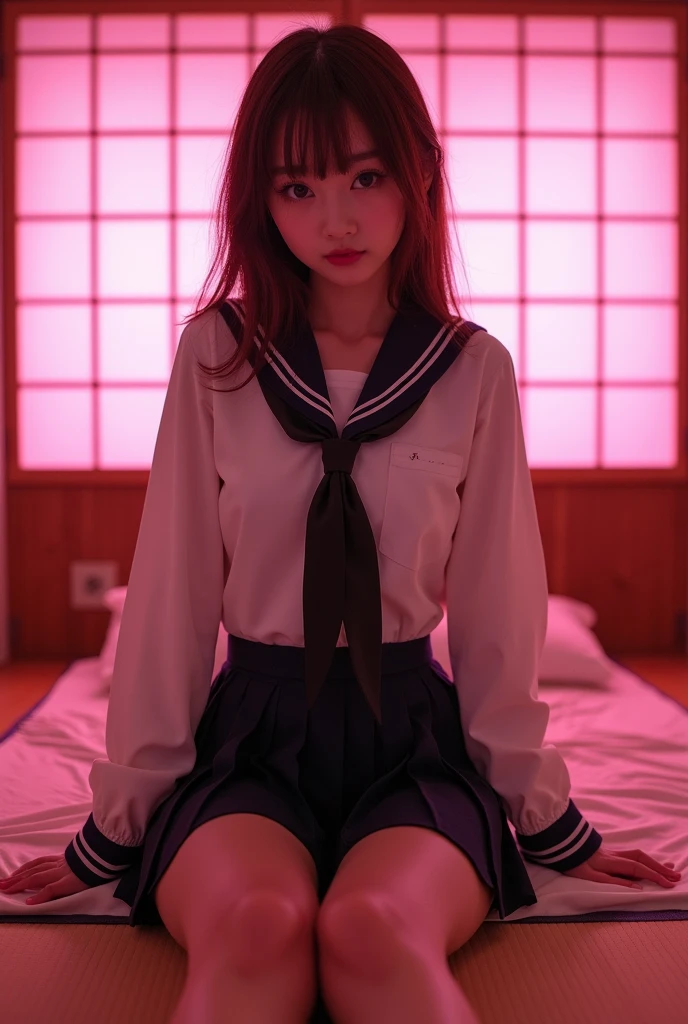 (Japanese 18 year old high school girl)) ((Plump and glossy lips)) Saggy breasts ((Brown Hair)) ((Looking into the camera)) Sit with your legs apart ((White Shirt Ribbon tie Pleated skirt Gal Uniform)) Low angle shot of a person standing facing forward Looking down ((A bedroom with shoji screens and tatami tatami lit up with pink neon lights)) (((( Please look at my pussy with my legs spread in an M-shape:1.2))))