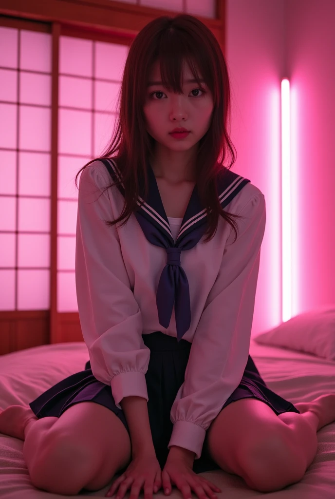 (Japanese 18 year old high school girl))　((Plump and glossy lips))　Saggy breasts　((Brown Hair))　((Looking into the camera))　Sit with your legs apart　((White Shirt　Ribbon tie　Pleated skirt　Gal Uniform))　Low angle shot of a person standing facing forward　Looking down　((A bedroom with shoji screens and tatami tatami lit up with pink neon lights))　(((( Please look at my pussy with my legs spread in an M-shape:1.2))))