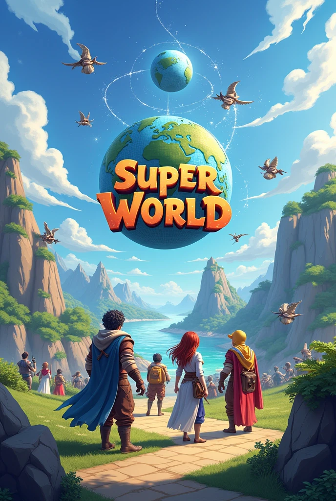 Create the home screen for an open world RPG game, called SUPER WORLD with the game name in the middle, This game is online, in the image put several characters