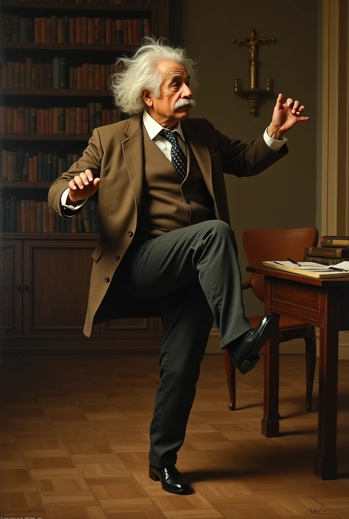 a Renaissance style painting of a portrait of Einstein while doing some exercise
