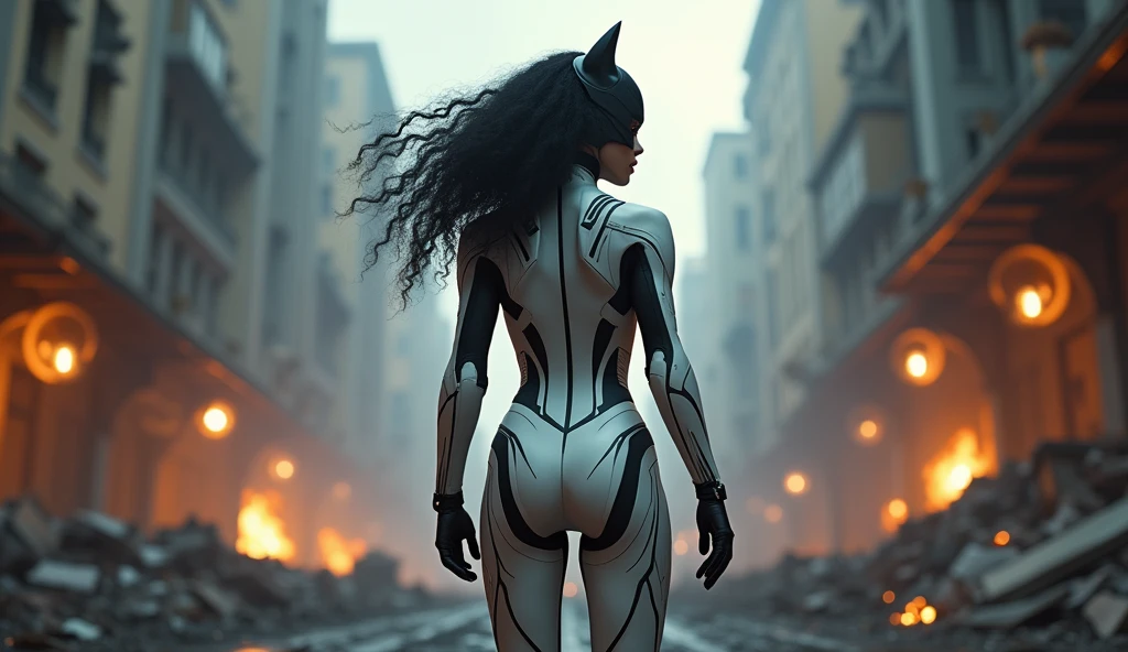 ((Best Quality)), ((Masterpiece)), ((Realistic)), (Detailed), (fotorrealist:1.5), Catwoman, Futuristic, Curly Black Hair (White Suit), Back to Viewer, Armored Lights, Cyber ​​Hats, Dynamic Pose, Post-Apocalyptic, Ruined City Background, Burning Buildings, Sci-Fi, HDR, Ray Tracing, NVIDIA RTX, Ultra High Resolution, Unreal 5, Ground Scattering,