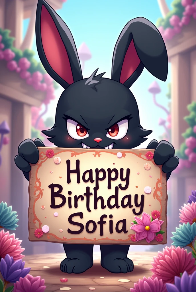 Image of the character Kuromi from the series Onegai My Melody with a sign saying "Happy Birthday Sofia"
