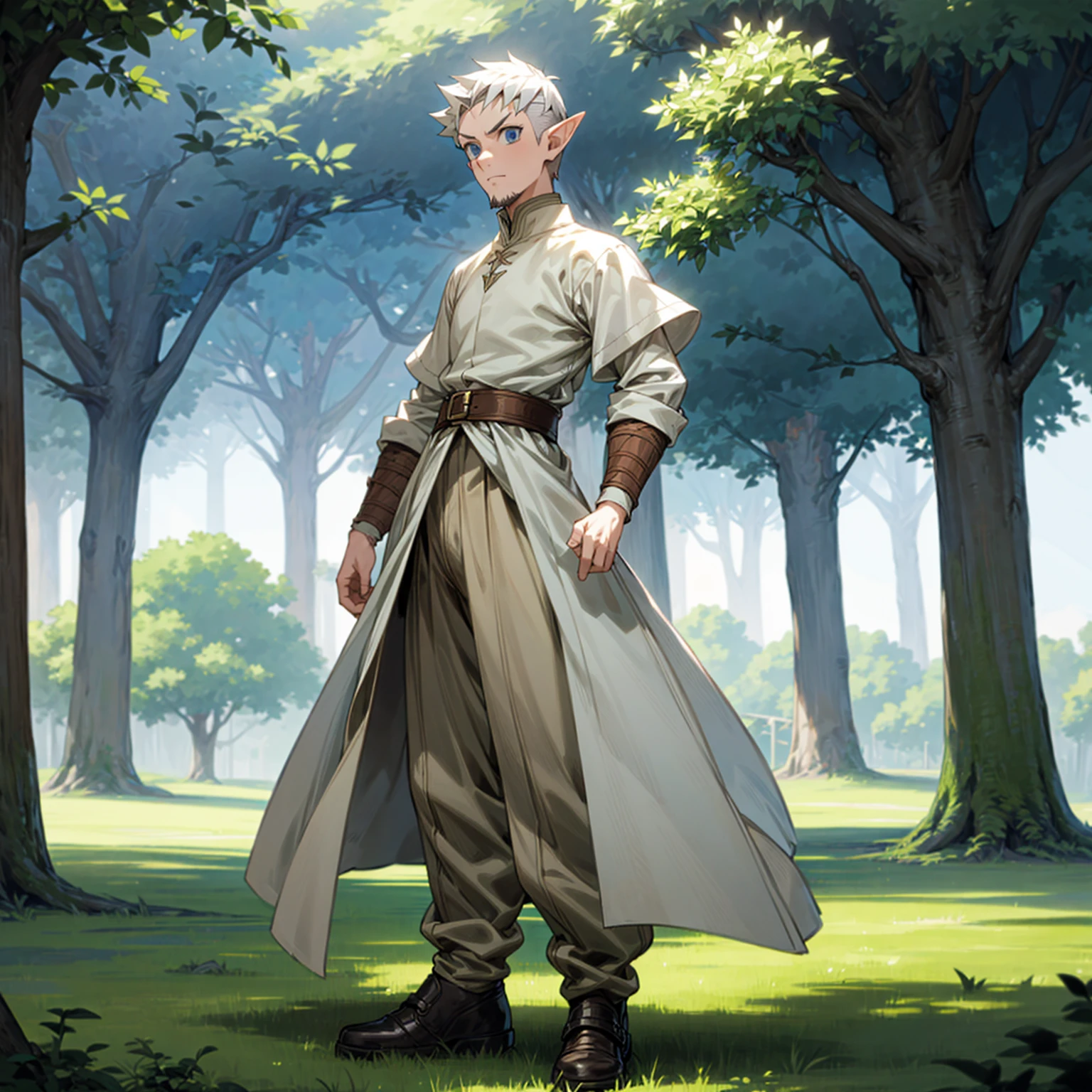 Solo character, full body version, young man, chin beard, (elf), blue eyes, white color hair, undercut hair, white formal clothing, brown pants, shoes, outdoor, town, medieval, standing gesture, detailed background, detailed clothing, detailed hair, (Hunter x Hunter style art)