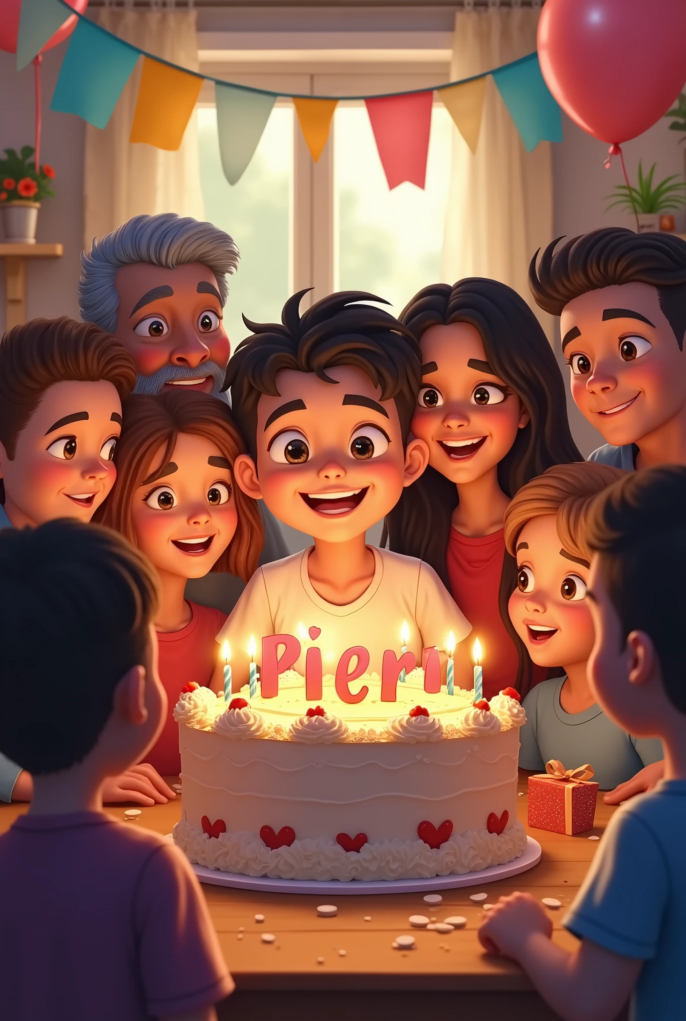 People celebrating the birthday of a 16-year-old boy, with a big cake that has the name Piero.