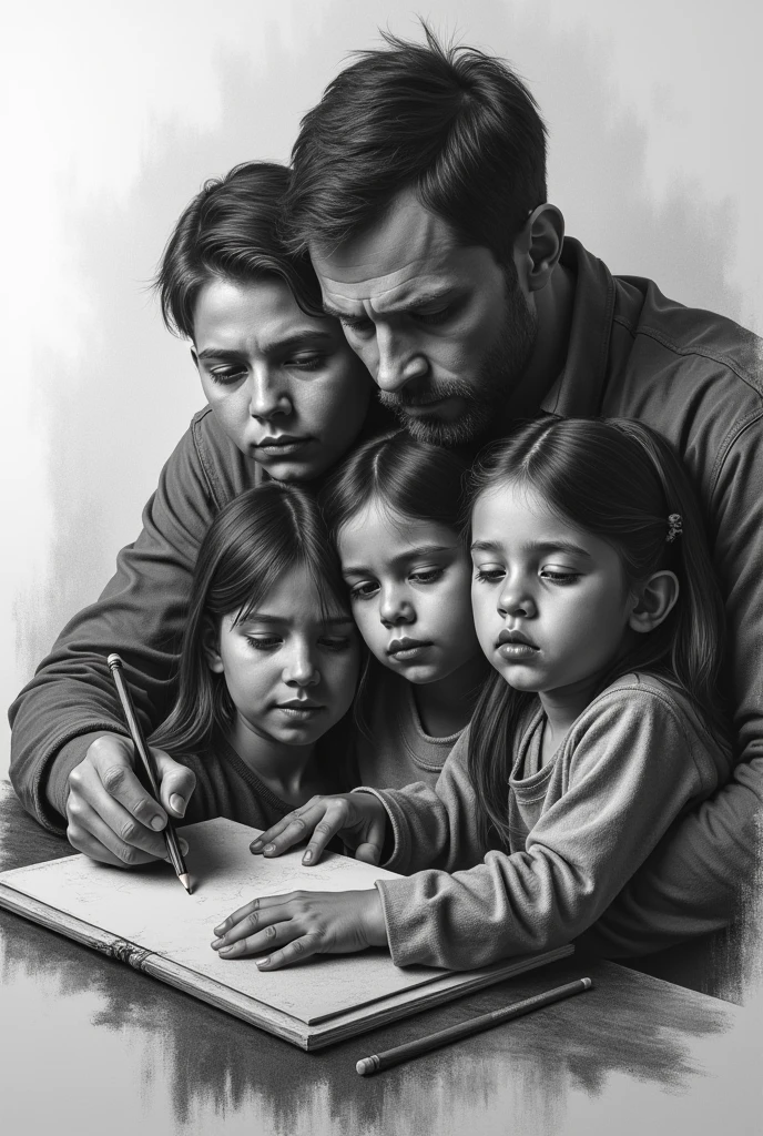 Man drawing his realistic family. black andwhite 