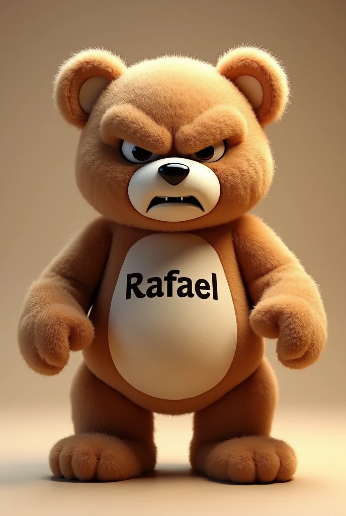 Make a realistic 4K image of an angry-looking teddy bear with the name Rafael printed on it