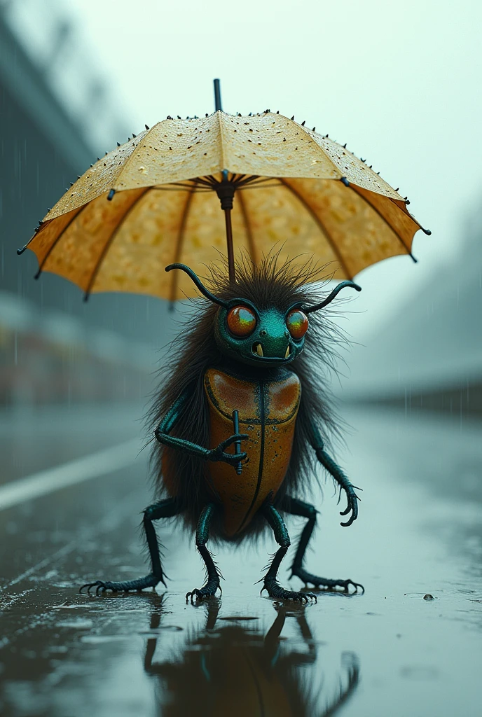 Create a beetle that has hair and it will be holding an umbrella, in the raining scene in the middle of the track