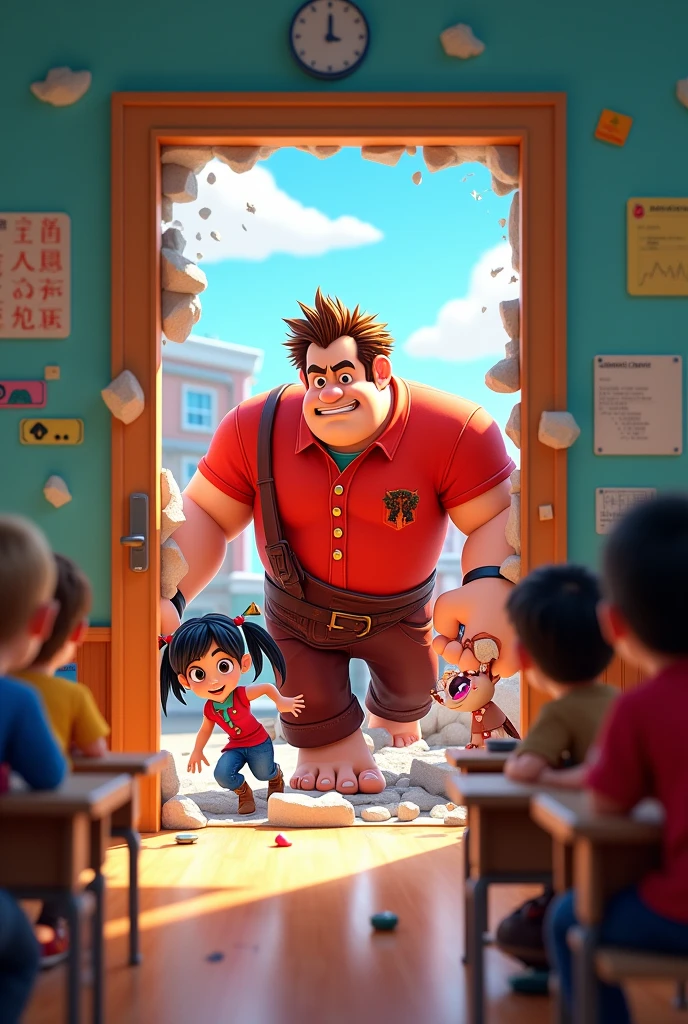 Generate a Wreck-It Ralph themed cover image, where they come out of a door and destroy it with various characters for a classroom of school children with measurements 1,50m high 70cm wide and a resolution of 1080p with happy students in their positions and at the top with a text that says (Professor Diego)
