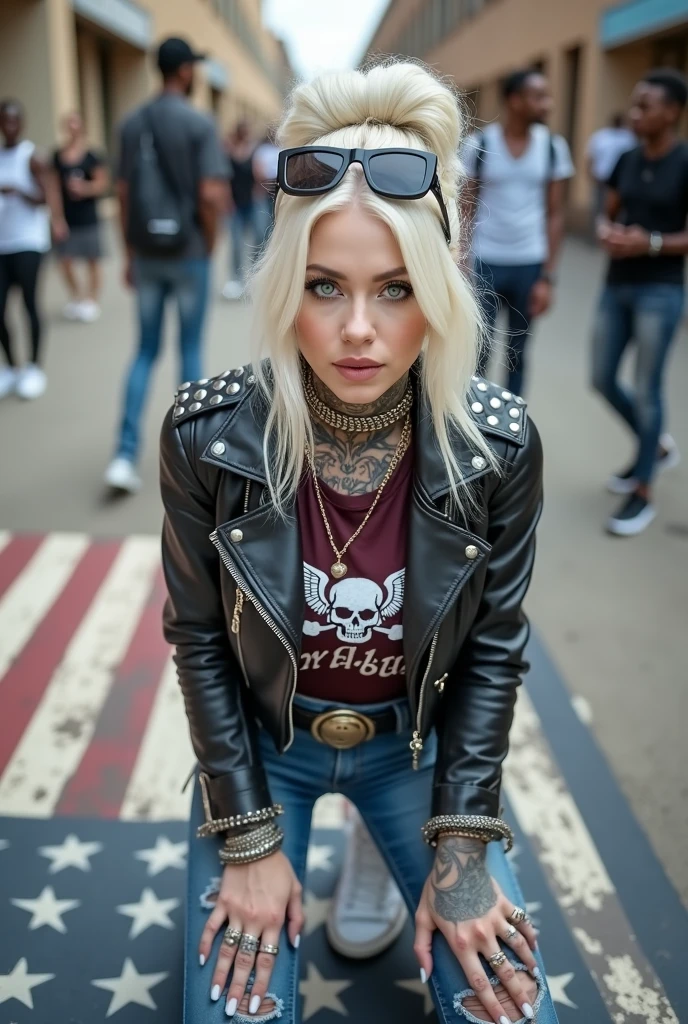 russian old milf woman, , blonde platinum hair (beehive bun) and oversized square sunglasses as headband), with very light green eyes, extremely pale. Wearing studded, padded shoulders, cropped black moto jacket (zippers on the side. dark burgundy push up t-shirt with skull and wings logo and gothic lettering,, dark skinny low rise blue jeans with holes on knees .White tennis sneakers. Lots of thick wide studded bracelets, chain collars and big rings. Tacky wide studded leather belt, with big skull and bones round buckle. Long earrings with chains. Kneeling on a large ragged usa flag, looking at the photographer. Craving, sensual face. Hands on knees. Looking at the camera, Toned abdominals, thin neck, slim legs and thin arms. Neck, chest, belly, hands and arms completely tattoed. Street of Nairobi, crowded with standing people