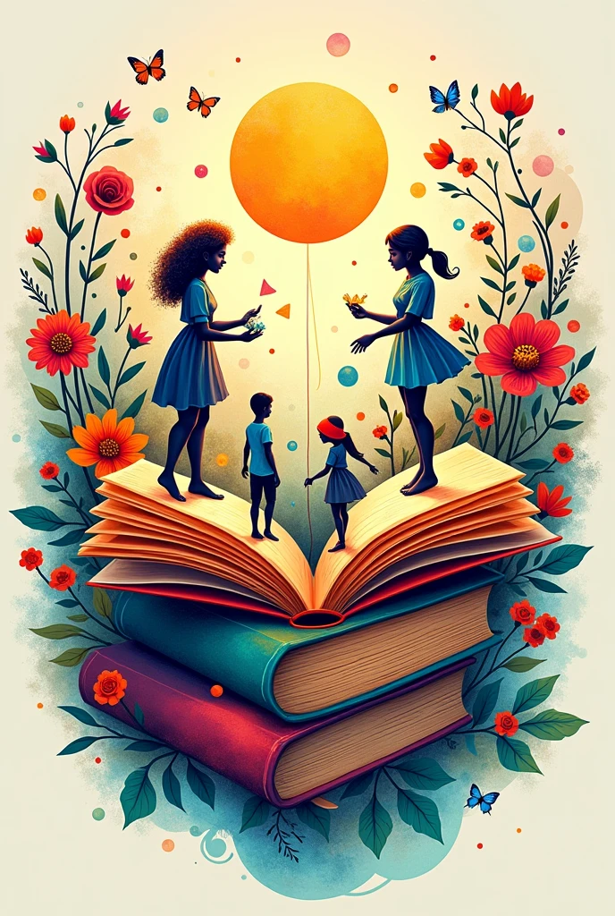 A colorful logo about creativity based on an open book, flowers, shapes, colors, imagery, people...

