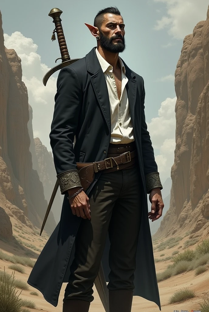 He is a tall indigenous man, 2 meters tall, with short dark hair and a smooth, beardless face. His eyes are wolf-like and one of them is closed with pointed ears with earrings. He wears a dark black overcoat with a white shirt underneath in a formal style with simple formal pants and has a strong physique. A large sword is strapped to his back. I would like the art in a fantasy RPG style. In the Old West