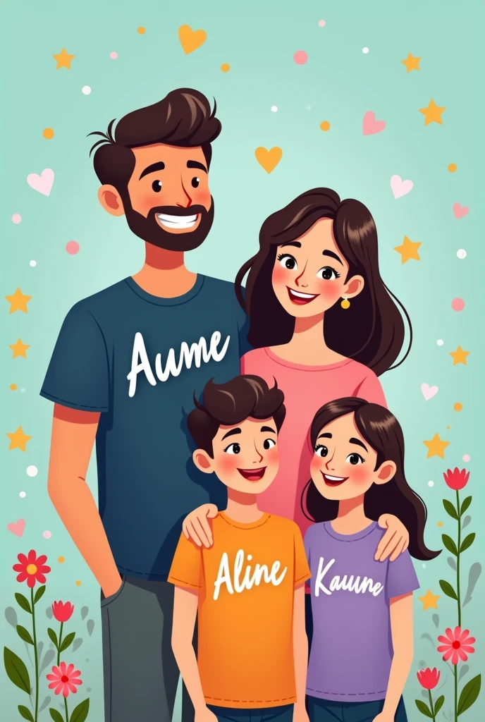 Imagine a vibrant and welcoming wallpaper, with a background in soft shades of sky blue and aqua green, creating a happy and family atmosphere. At the center, a charming illustration of a family of four.
the father, I am, is portrayed with a friendly expression, wearing a navy blue t-shirt with his name in bold white letters. Beside him, a mãe aline exibe um sorriso radiante, wearing a light pink t-shirt with her name in a delicate cursive font, that conveys affection.
Teenage daughter Kauane appears alongside her mother, with a modern and cool style. She wears a purple shirt, with your name in stylized, colorful letters, reflecting your young and vibrant personality. Finally, son Kaique is ahead, full of energy and enthusiasm. He wears a bright orange t-shirt with his name in big, fun letters., capturing the essence of your joyful childhood.
Around the family, playful elements like colorful hearts, shiny stars and small flowers add a magical touch to the design. This wallpaper not only celebrates family unity, mas também traz uma sensação de amor e felicidade que representa perfeitamente a dinâmica entre I am, aline, Kauane and Kaique!