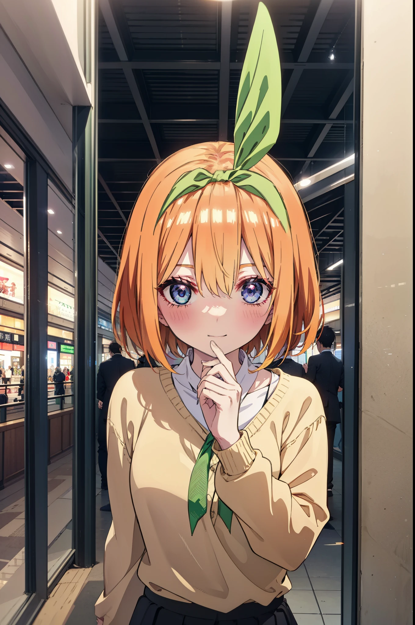Yotsubanakano, Fourth floor Nakano, bangs, short hair, blue eyes, Hair between the eyes, hair ribbon, hair band, Orange Hair, (Green ribbon:1.5), smile, Close your mouth,blush,Glasses,
Green one-shoulder sweater,mini skirt,Black pantyhose,short boots,Walking,morning,morning陽,The sun is rising,On the way to school,whole bodyがイラストに入るように, break looking at viewer, whole body, break indoors,Shopping mall, break (masterpiece:1.2), Highest quality, High resolution, unity 8k wallpaper, (shape:0.8), (Beautiful attention to detail:1.6), Highly detailed face, Perfect lighting, Highly detailed CG, (Perfect hands, Perfect Anatomy),