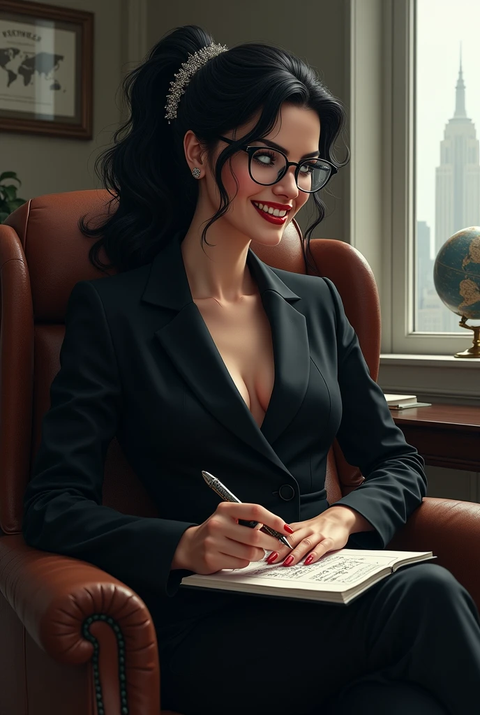 an elegant woman, dressed in a black suit, is reclining in her office chair, a cruel smile twisting his thin lips. Her dark, curly hair is tied back in a sophisticated ponytail., and his eyes, hidden behind round prescription glasses, sparkle with a malice that contrasts with the seriousness of the environment. In your hands, a luxury stylus scribbles enigmatic symbols on a notepad. On the table, a small globe rotates slowly, and a discreet tiara sparkles in her hair. the window, reveals only a glimpse of the gray city outside. Despite the seemingly ordinary environment, the queen&#39;s aura is undeniably powerful and sinister.