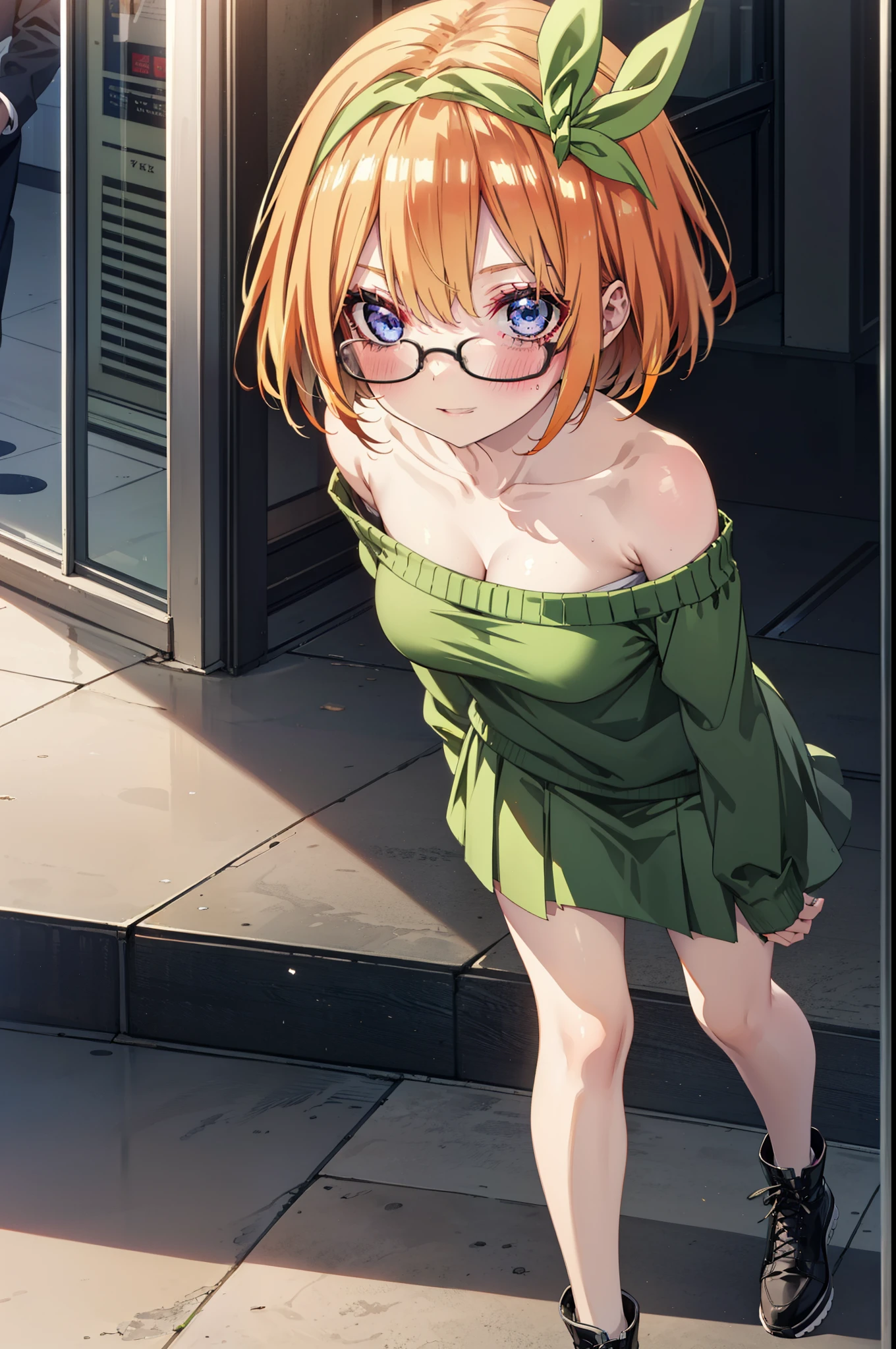 Yotsubanakano, Fourth floor Nakano, bangs, short hair, blue eyes, Hair between the eyes, hair ribbon, hair band, Orange Hair, (Green ribbon:1.5), smile, Close your mouth,blush,Glasses,
Green one-shoulder sweater,mini skirt,Black pantyhose,short boots,Walking,morning,morning陽,The sun is rising,On the way to school,whole bodyがイラストに入るように,　　　　　　　　　　　　　　　　　　　　break looking at viewer, whole body,　　　　　　　　　　　　　　　　　　　break indoors,Shopping mall,　　　　　　　　　　　　break (masterpiece:1.2), Highest quality, High resolution, unity 8k wallpaper, (shape:0.8), (Beautiful attention to detail:1.6), Highly detailed face, Perfect lighting, Highly detailed CG, (Perfect hands, Perfect Anatomy),