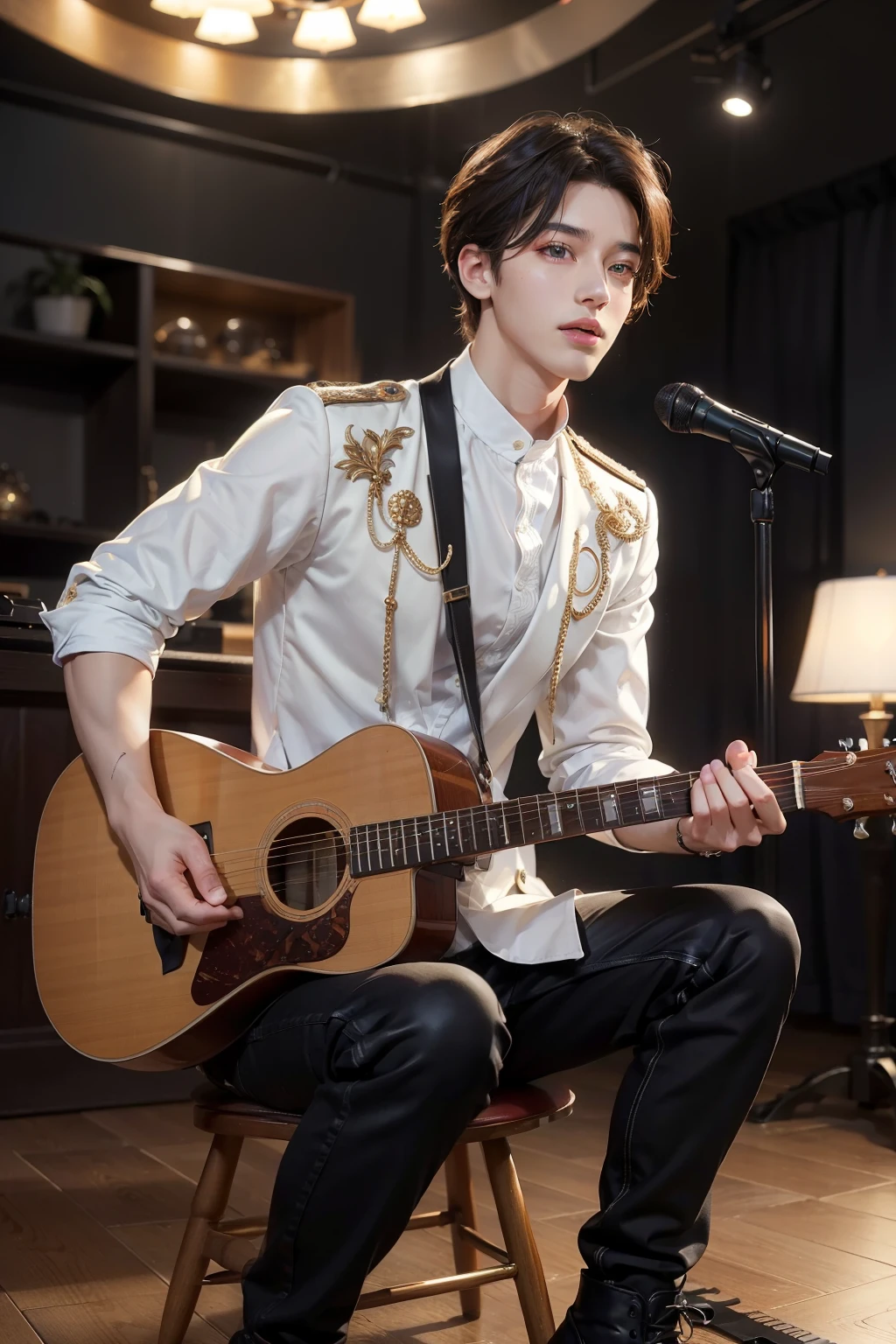 full body view, a young handsome man, beautiful detailed eyes, beautiful detailed lips, extremely detailed eyes and face, long eyelashes, detailed portrait, realistic, photorealistic, photo-realistic:1.37, 8k, masterpiece:1.2, ultra-detailed, sharp focus, vivid colors, studio lighting, professional, ((Jungkook)), K-pop idol, singer, musician, handsome, attractive, charming, charismatic, youthful, radiant skin, glowing skin, warm lighting, dynamic pose, confident expression