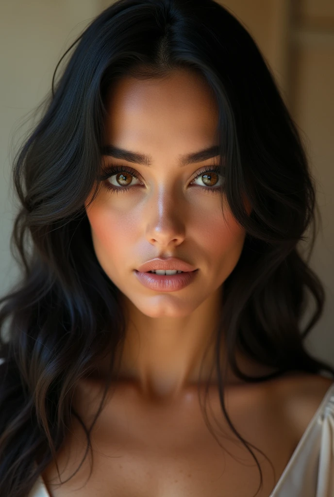 Latina woman of average height, with long, straight black hair that cascades over her shoulders. Your brown eyes, grandes e expressivos, contrast with the fair skin and thin nose. the full lips, slightly pink, complete its delicate features. Loves to wear long, flowing dresses, with minimalist accessories and a touch of bohemia. Your personality is strong and determined, but with a sensitive and romantic side."